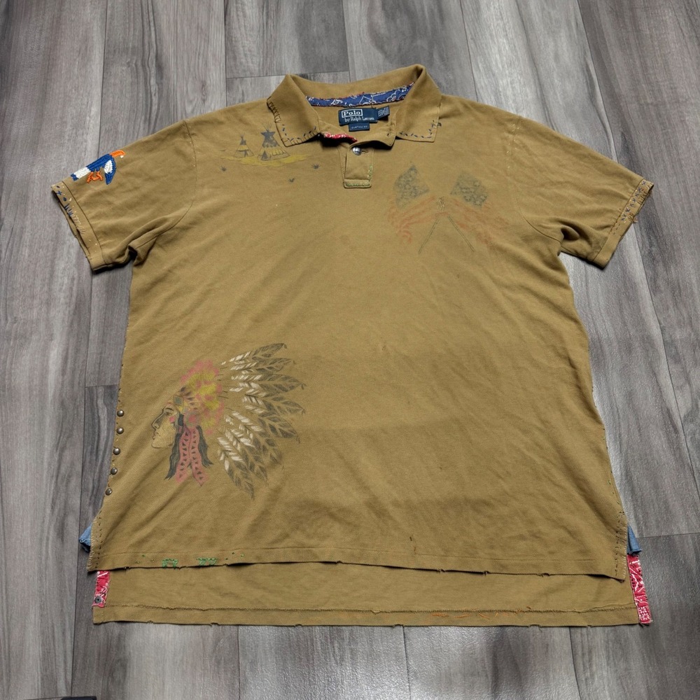 Vintage Polo Ralph Lauren Indian Chef USA Flag Distressed Polo Shirt Brown XXL